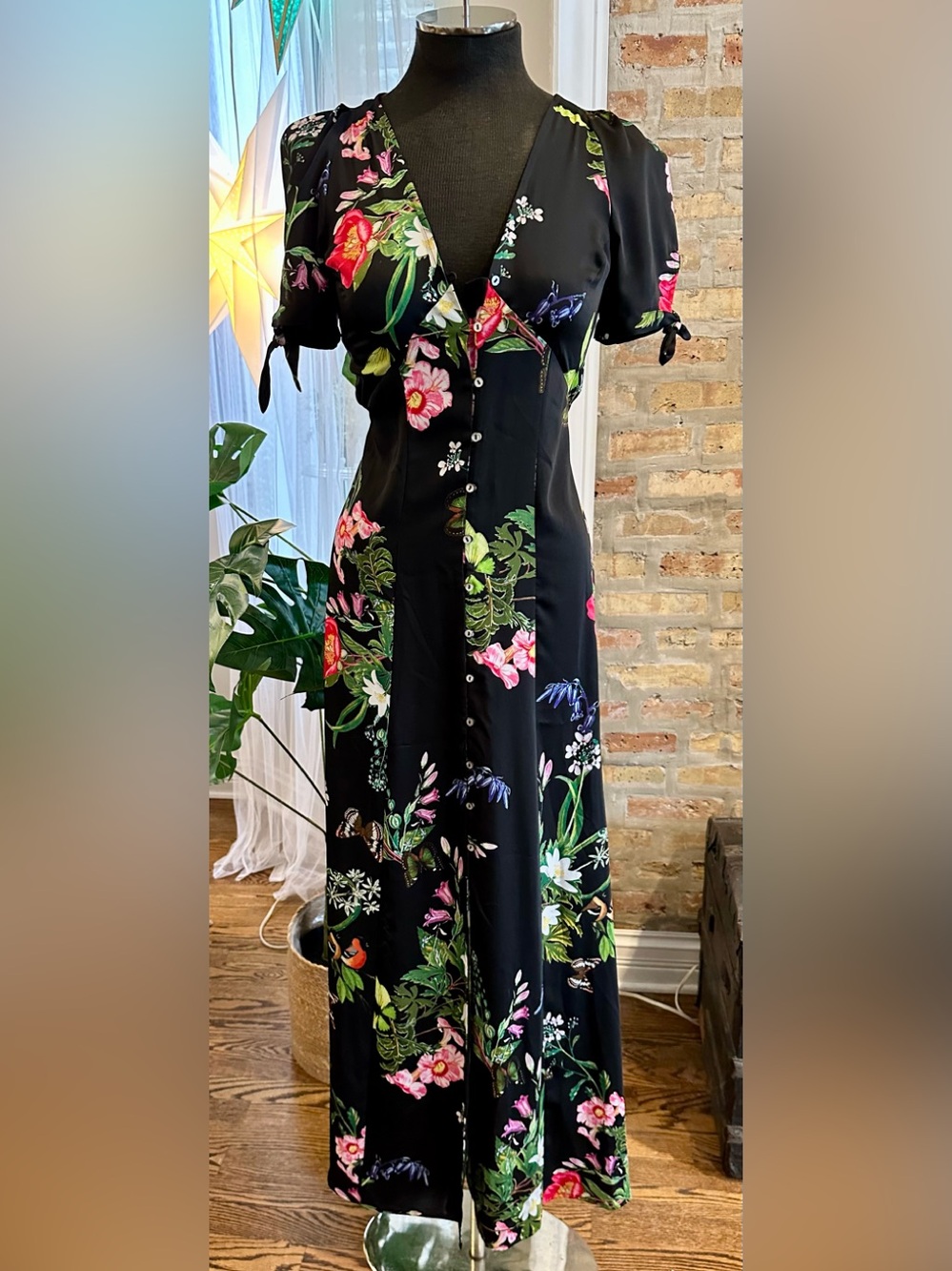 Express Black Floral and Butterfly Button-Front Maxi Dress